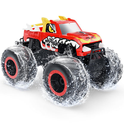 DEERC Amphibious Remote Control Car 1:16, 4WD Off-Road Monster Trucks in Fire Dragon Design with 2 batteries for land and water, 360 degree rotation, perfect gift for kids aged 6,7,8,9,10+ years.