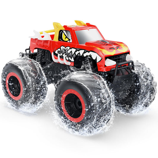DEERC Amphibious Remote Control Car 1:16, 4WD Off-Road Monster Trucks in Fire Dragon Design with 2 batteries for land and water, 360 degree rotation, perfect gift for kids aged 6,7,8,9,10+ years.