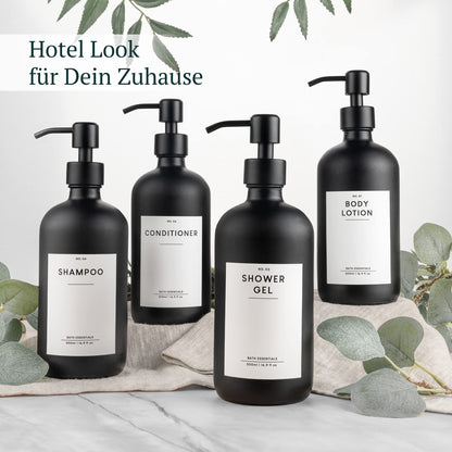 MONOKO 4-piece set soap dispenser matte black glass | 500ml shampoo bottles for filling | dish soap dispenser kitchen | dispenser pump head stainless steel | pump bottle + sticker