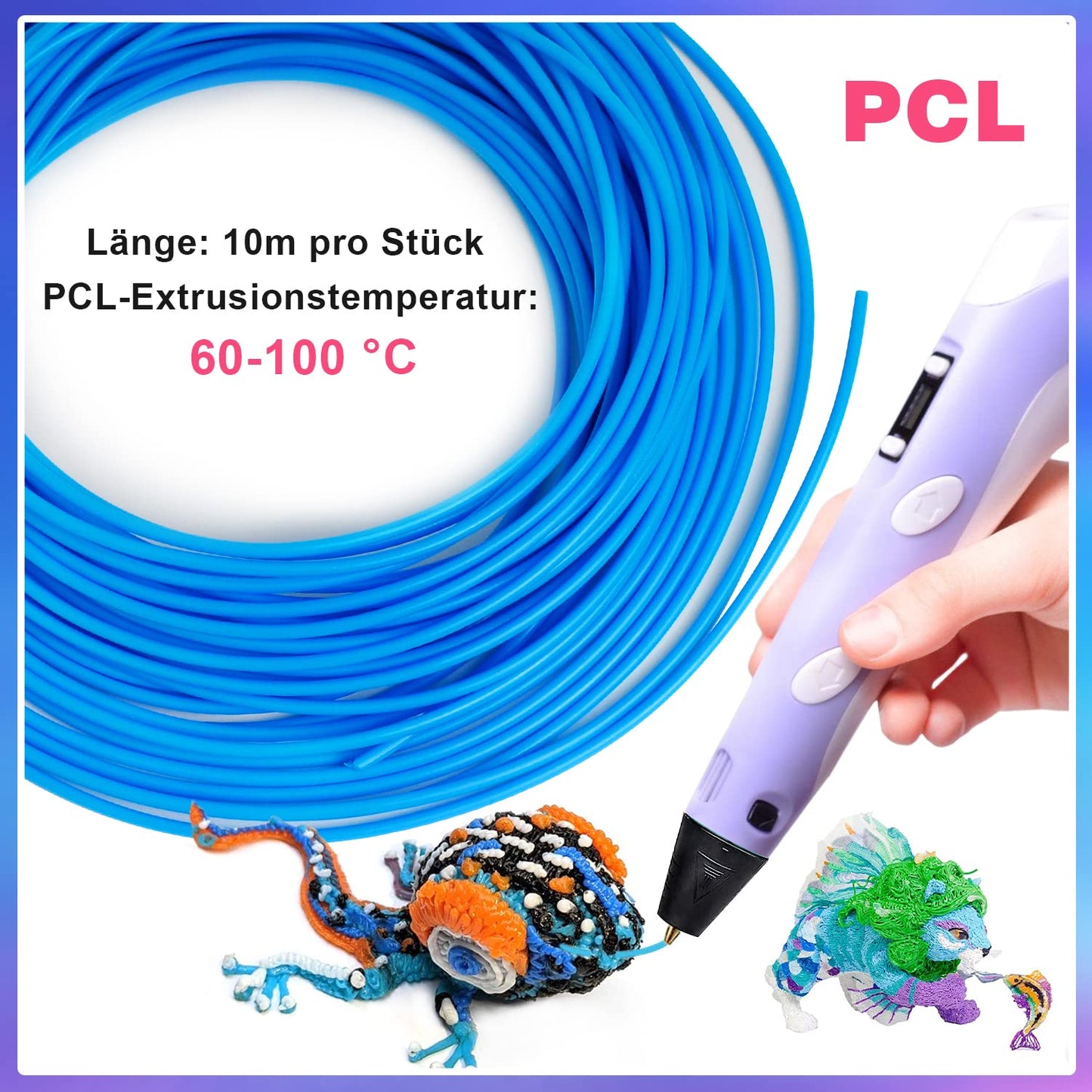 ANCHARA 3D pen filament PCL, 20 colors, 10m each - 3D pen PCL filament 1.75mm, 3D pen color set for low temperatures, 3D kids pen and 3D printing pen accessories.