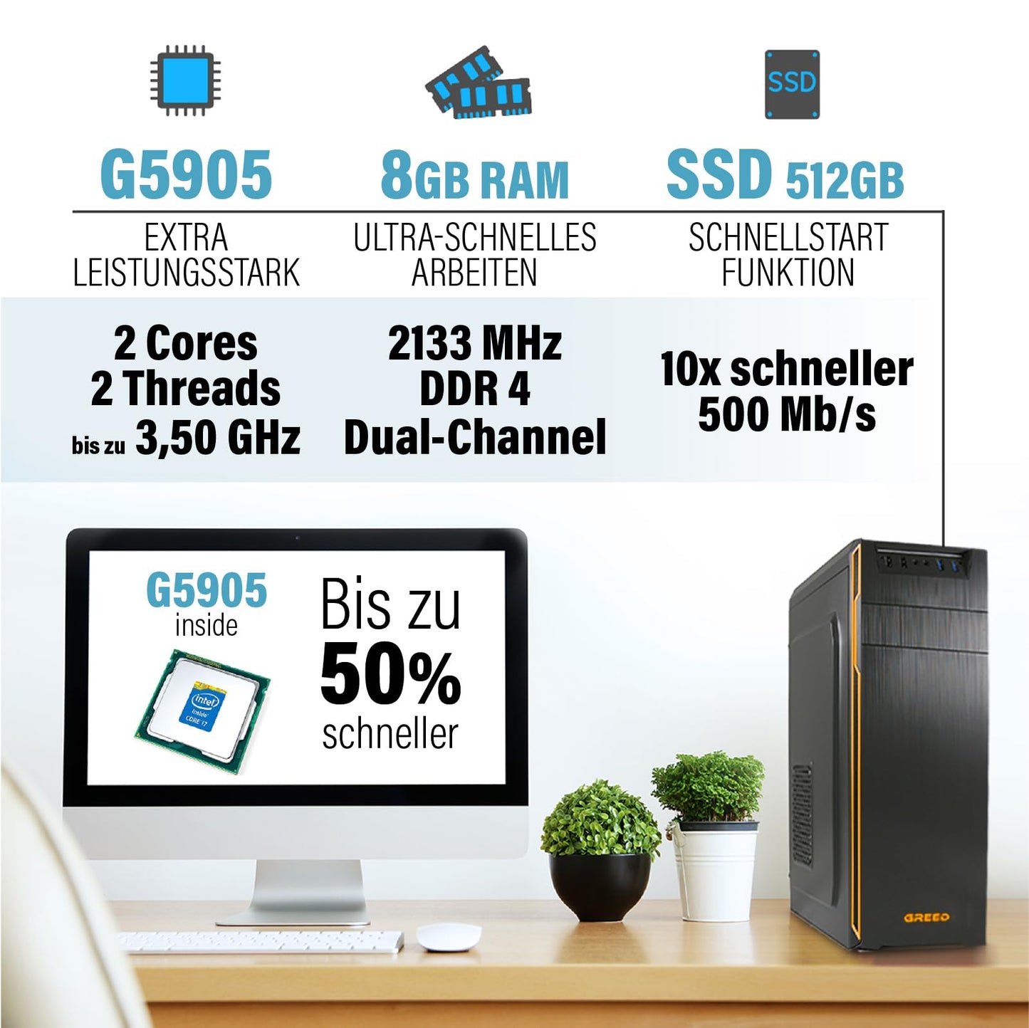 GREED® Basic PC with Intel Celeron G5905 - Fast computer for office & home office with 3.5 GHz, 8GB RAM, 512 GB SSD, DVD+RW, USB 3.0, WLAN, including Windows 11 Pro.