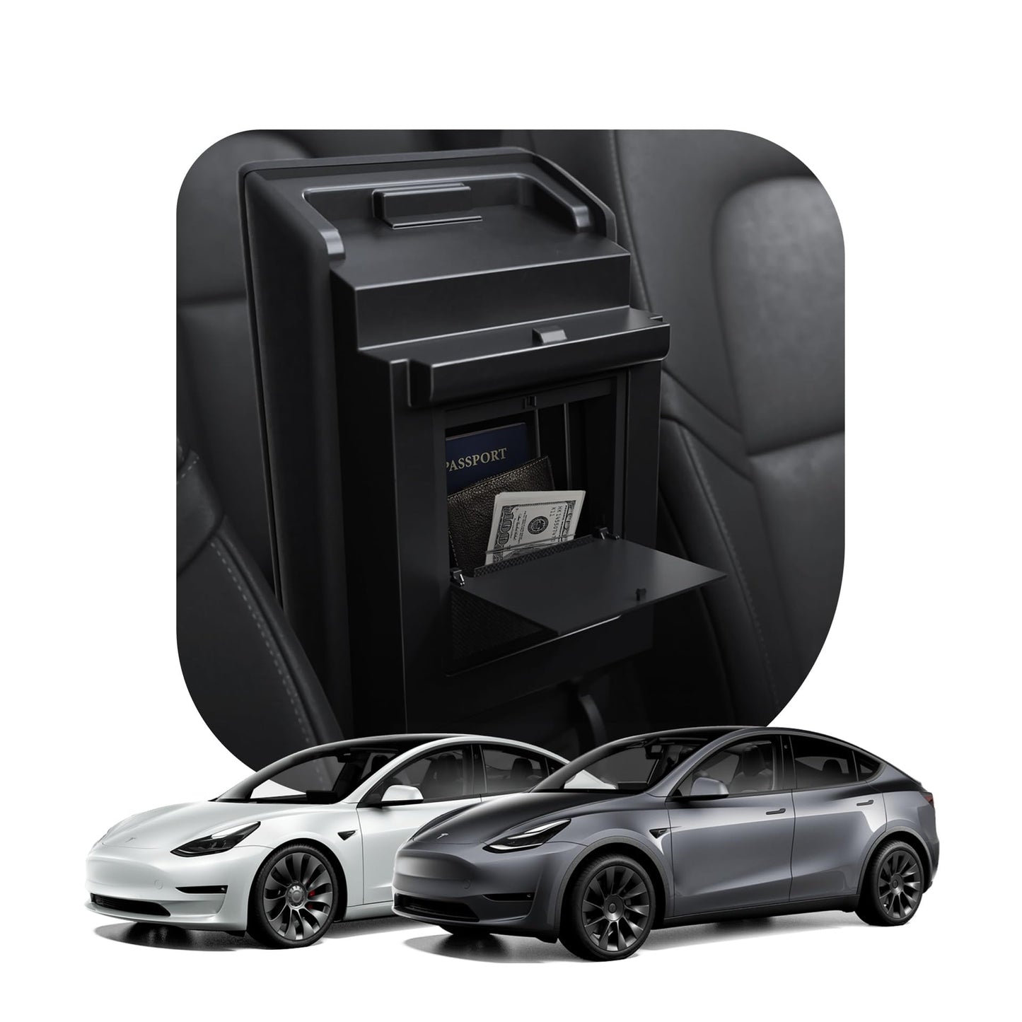 Spigen Tesla Model Y (~2024) and Model 3 (2021-2023) One-Touch Hidden Storage Box (Carbon Edition) Designed for Tesla Model Y and 3 center console organizer armrest.
