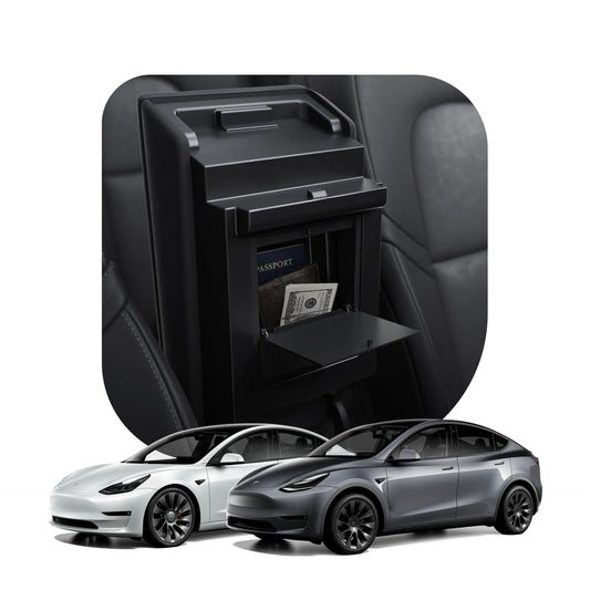 Spigen Tesla Model Y (~2024) and Model 3 (2021-2023) One-Touch Hidden Storage Box (Carbon Edition) Designed for Tesla Model Y and 3 center console organizer armrest.