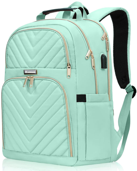 Kuosdaz Backpack Women 15.6 Inch, Large School Backpack Girls Teenager, with USB Charging Port for Laptop Work Waterproof Backpack, University, Travel, Business, Everyday, Women, School, Mint Green