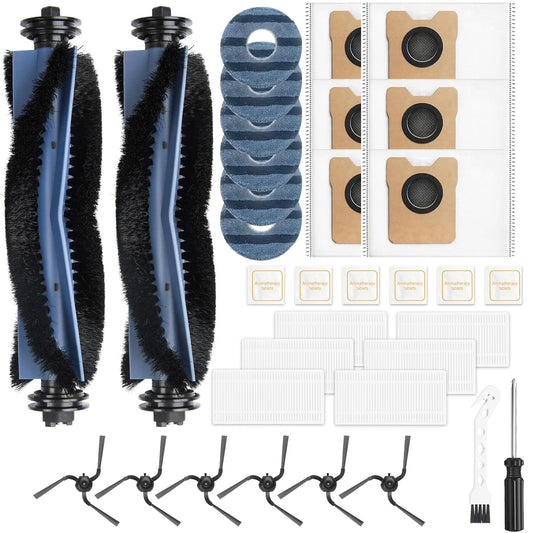 34 piece accessory set for Eufy Omni C10 robot vacuum accessories, 2 main brushes, 6 dust bags, 6 mopping cloths, 6 side brushes, 6 filters, 6 vanilla chips, 1 cleaning tool, replacement parts vacuum cleaner accessories.