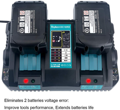 2 pieces 18V 5Ah BL1850 battery & charger DC18RD 2-port dual fast charger for Makita BL1830 BL1840 BL1850 BL1860 196933-6, radio DMR100, DMR101, DMR102, DMR103B, DMR104, DMR105, DMR108