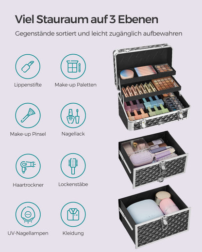 SONGMICS Cosmetic Case Trolley, Makeup Case with 2 Drawers, Large Hairstylist Case, Makeup Case, 34 x 24 x 56 cm, 360° Rotating Wheels, Travel, Hairstylists, Gift Idea, Black JHZ08BK.