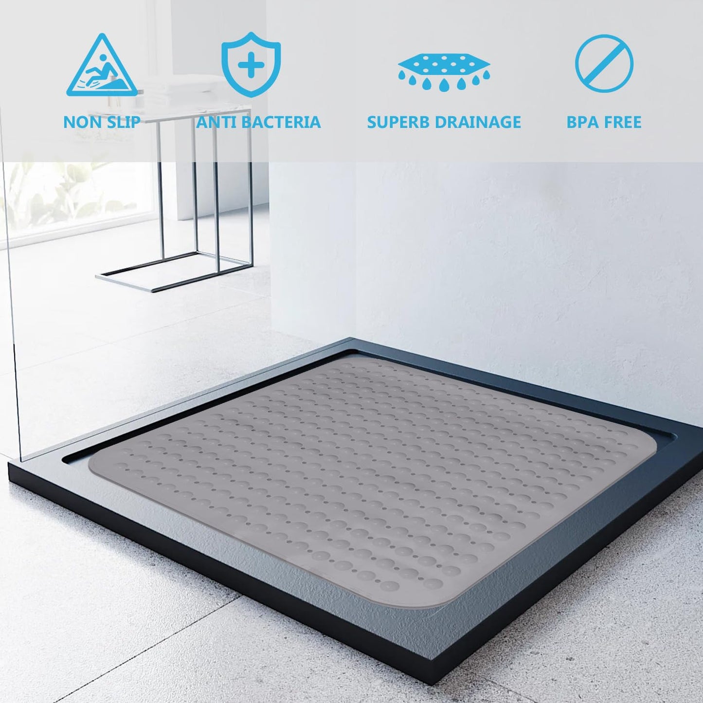 Non-slip shower mat 80x80, non-slip shower mat with suction cups, anti-slip shower mat, PVC shower mat non-slip (gray)