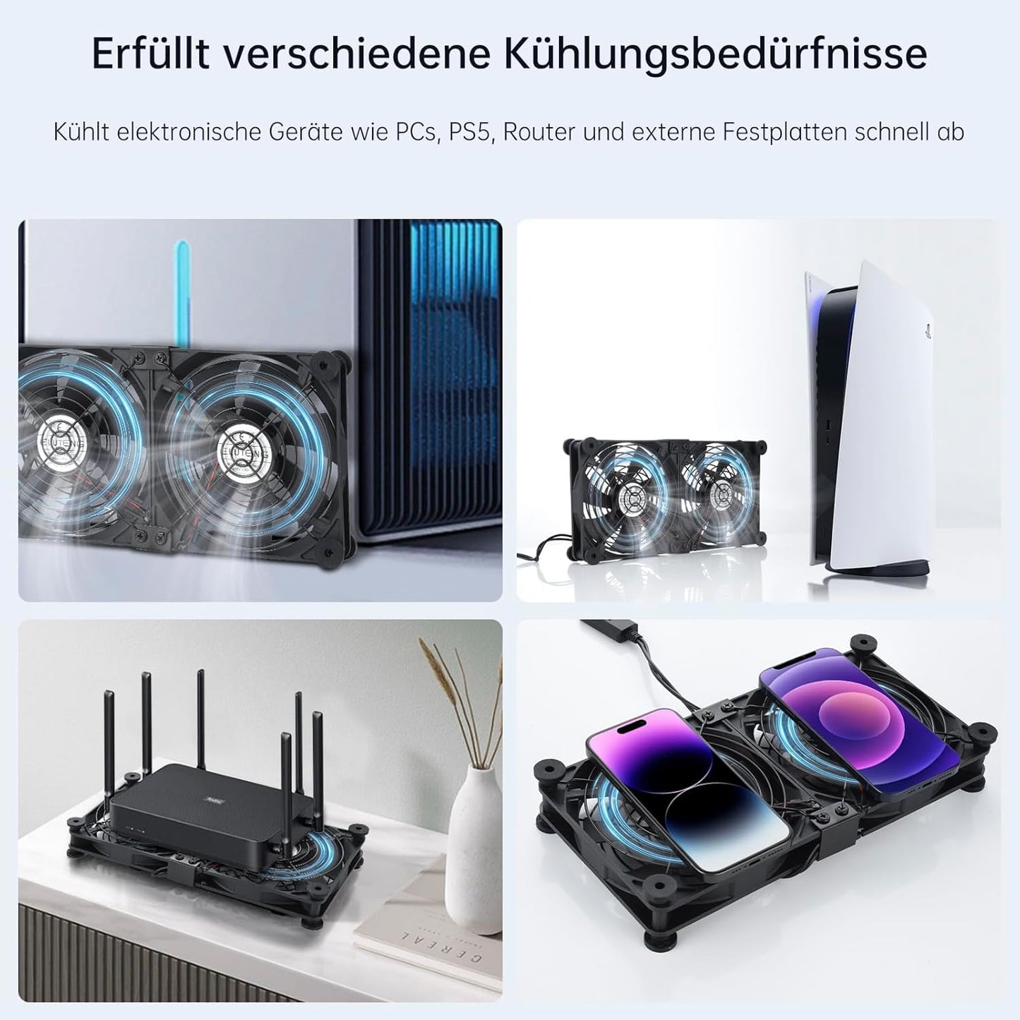 ELUTENG USB Fan 140mm 5V 2 in 1 with 3 Adjustable Speeds, Dual USB Computer Fan 140mm PC Fan 14mm with 8 Shock-Absorbing Feet for PS5 PS4/Laptop/TV Box/Router