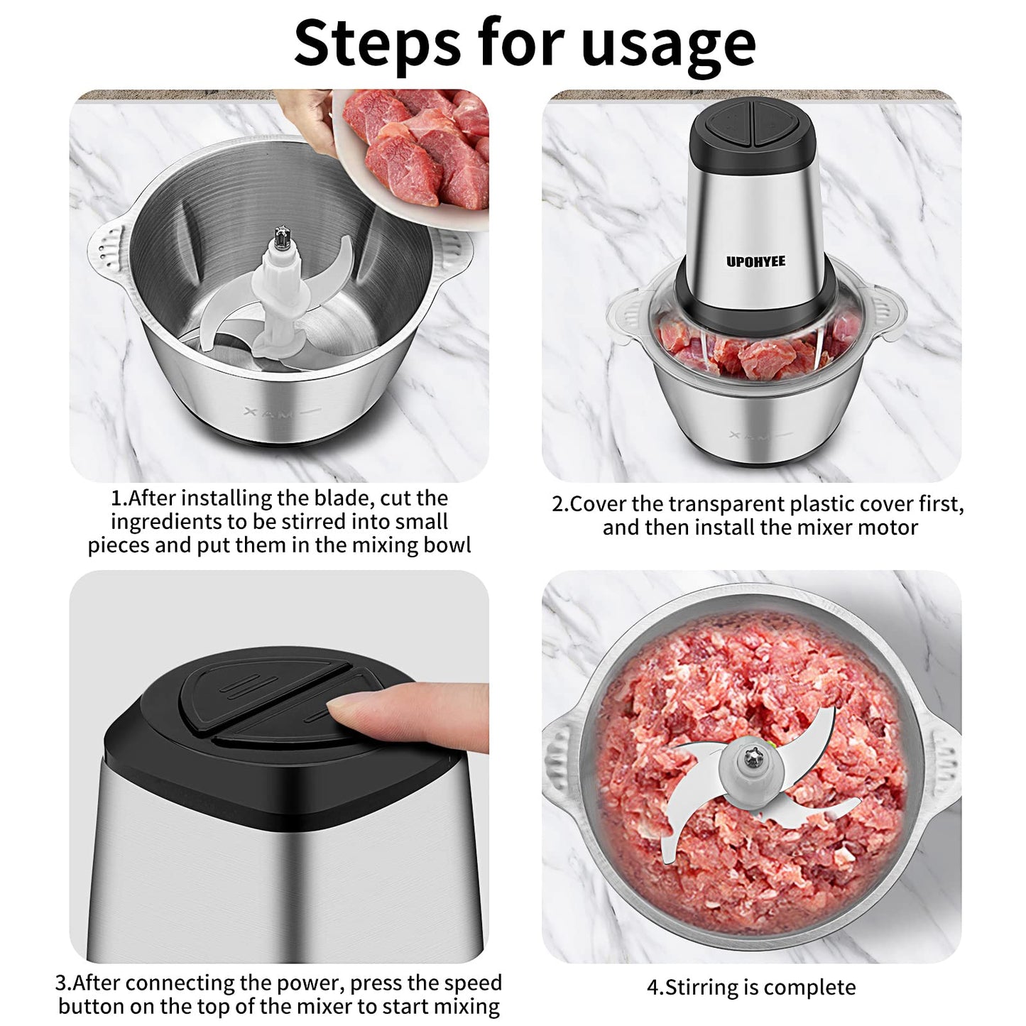 600W 2L stainless steel bowl food processor with 2 speed settings. Electric kitchen chopper with 4 blades for vegetables and garlic.