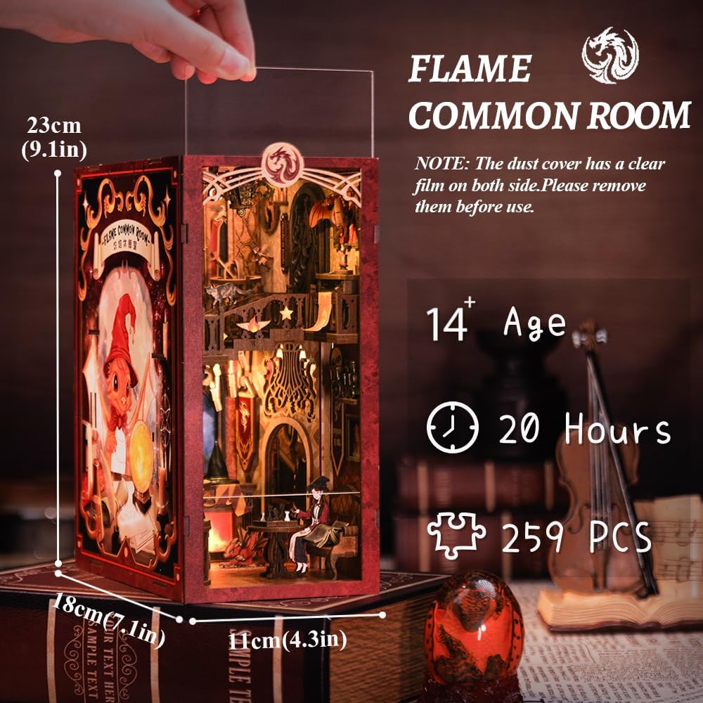 CUTEBEE Book Nook Kit with dust cover - DIY dollhouse miniature house kit with LED light, Booknook house model kits for adults to build (Flame Common Room)