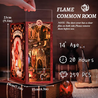 CUTEBEE Book Nook Kit with dust cover - DIY dollhouse miniature house kit with LED light, Booknook house model kits for adults to build (Flame Common Room)