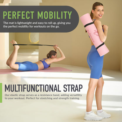 Tylmex Yoga Mat TPE non-slip 6mm | Eco-friendly fitness mat for yoga, pilates & workout | Exercise mat 183x61cm with carrying strap & online exercise guide - Pink