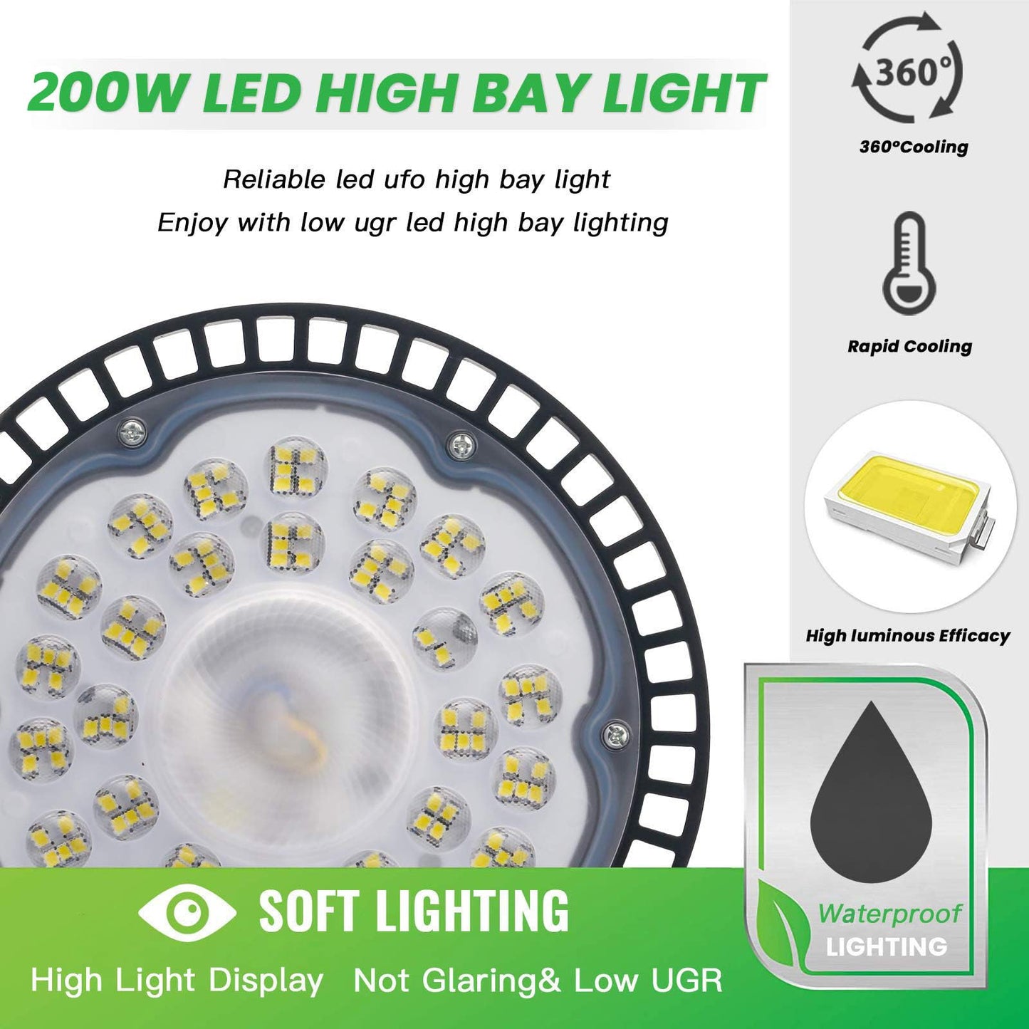 Jefedana 200W LED High Bay Light, 20000LM UFO Workshop Lamp IP65 Industrial Lamp, 6500K Cold White Warehouse Lighting for Workshops Industrial Factory Halls