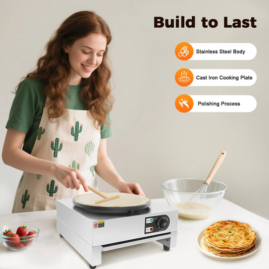 Electric Crepe Maker, 40cm with pull-out tray Crepe maker Built-in thermostat 50-300°C infinitely adjustable 3KW Crepe pancake machine.