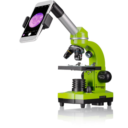 Bresser Junior Student Microscope BIOLUX SEL with smartphone holder, extensive accessories, and Barlow zoom system for children, beginners, and adults, green.