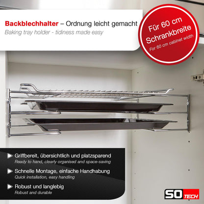 SOTECH baking tray holder for 3 baking trays (364 x 140 x 125 mm, polished chrome, for 600 mm cabinet width) grid shelf mounting - keeping things organized easily.