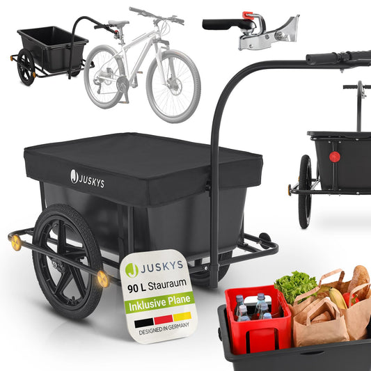 Juskys Bike Trailer 90 liters - Cargo trailer with hitch, drawbar - Trailer for bicycle 40/80 kg payload - Transport trailer with protective cover.