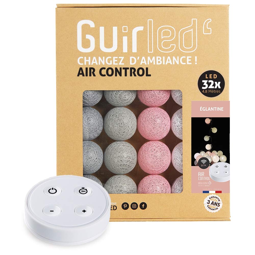 GuirLED - LED cotton ball string lights USB - Wireless remote control - Baby night light 2h - Dual USB 2A power adapter included - 4 intensities - 32 balls 3.2m - Églantine