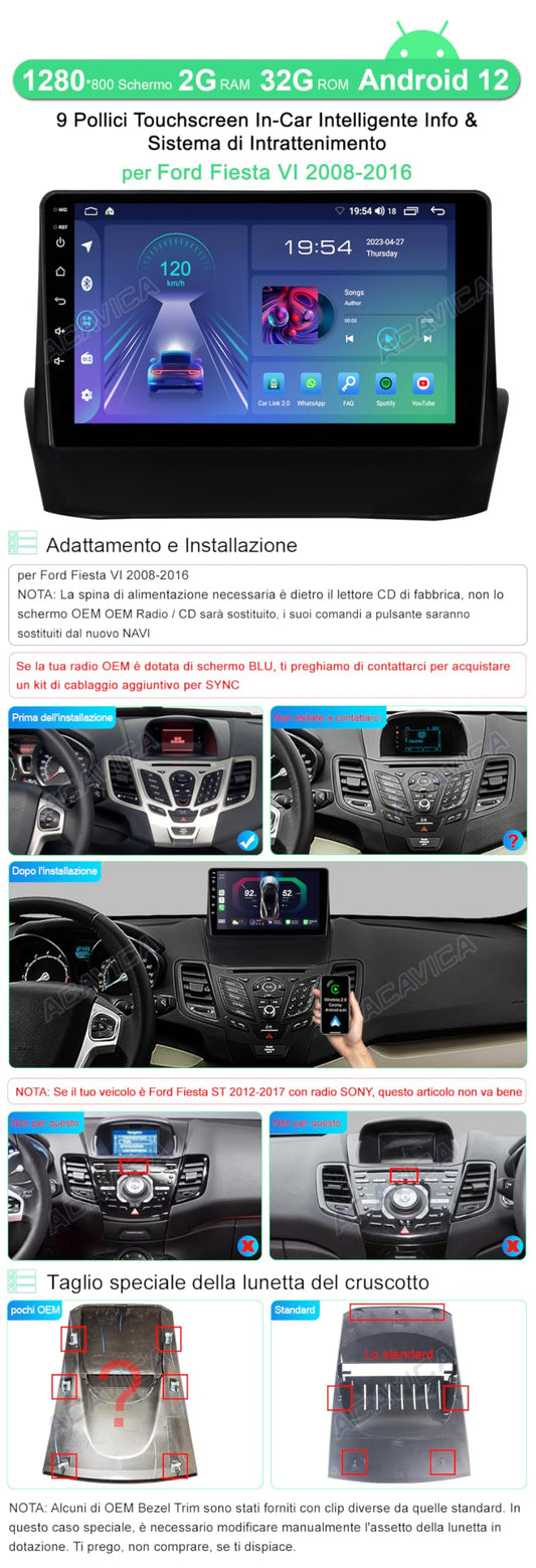 ACAVICA 2+32GB 9 inch Android 12 Radio for Ford Fiesta MK6 2008-2016 GPS Navigator Sat NAV with Wireless Carplay Bluetooth WiFi DSP USB FM Steering Wheel Control (Radio for Ford Fiesta MK6)