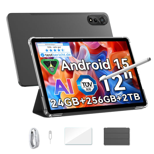 Blackview Mega2 12-inch tablet Android 15.24GB RAM + 256GB ROM, dual 4G LTE + 5G WiFi, 2K 120Hz FHD large display gaming tablet with stylus, Octa Core T615, 9000 mAh, WideVine L1, 13MP + 8MP camera, Face ID, GPS, PC.