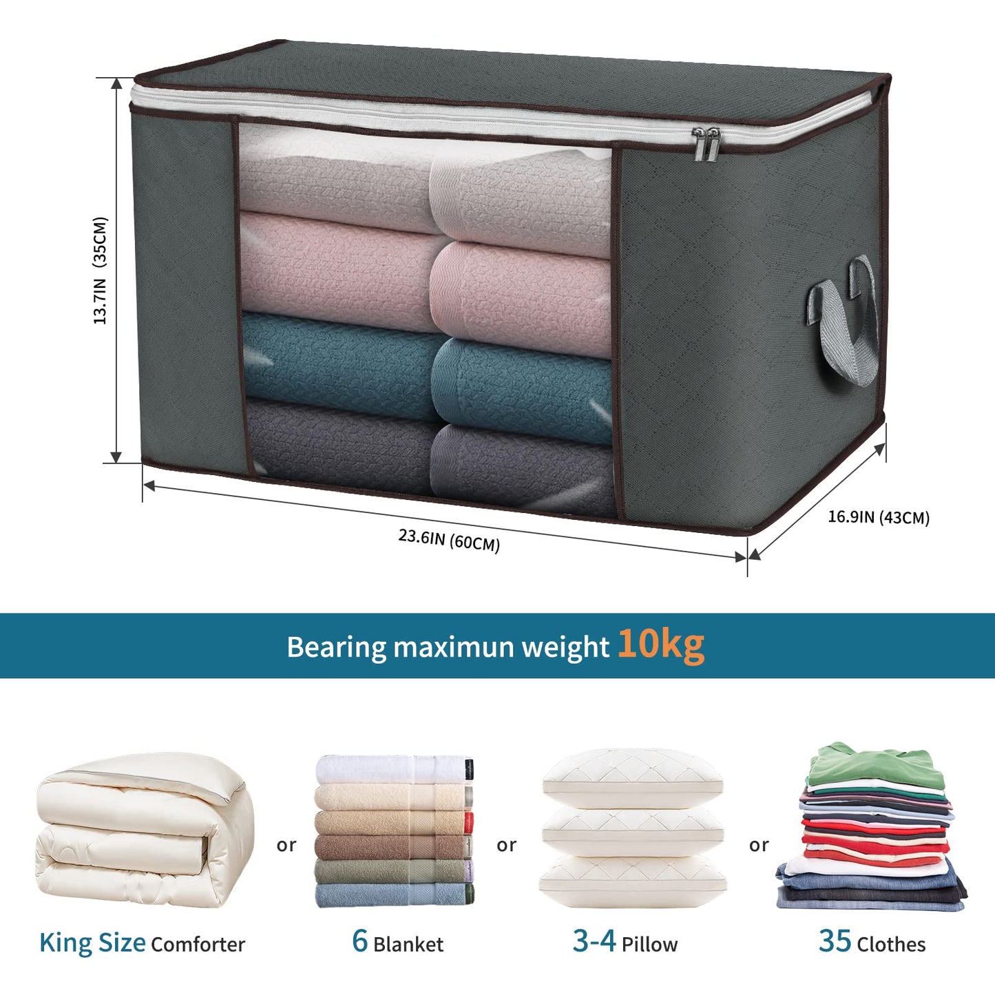 Budding Joy 4 Piece 90 L Storage Bags, Large Storage Boxes with Lid, Moving Boxes, Foldable Underbed Storage Box for Clothing, Comforters, and Bedding, Clothing Storage Boxes (Gray)