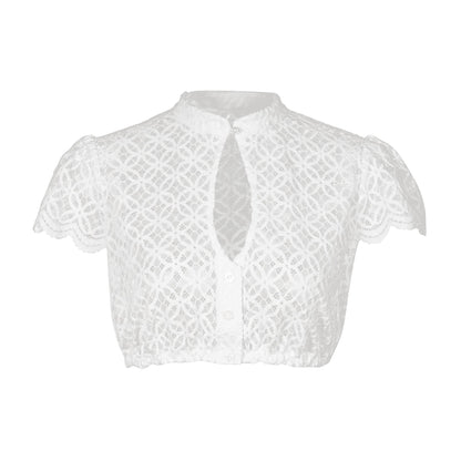 Dirndl party blouse with buttons, traditional white blouse for women with lace and short sleeves. Elastic cream dirndl blouse with button closure for Oktoberfest, size 36.