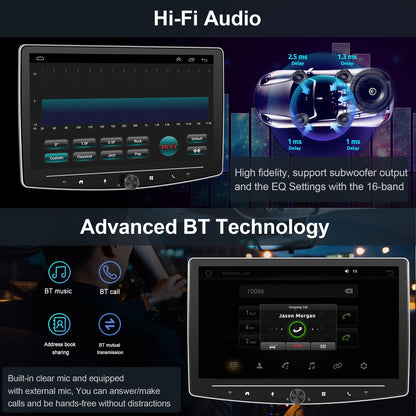2+32G, 10" Car Radio Bluetooth 1 Din Wireless Carplay Android Auto with Navigation Swing Touchscreen Physical Button, Podofo Android FM RDS Radio HI-FI Sound with Dual USB MIC with Rearview Camera AHD
