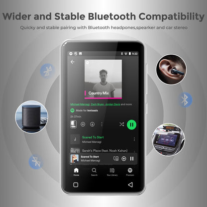 MP3 player with Bluetooth Spotify, Amazon Music, Audible, Apple Music, 4-inch touchscreen, Android streaming music player for kids Innioasis White