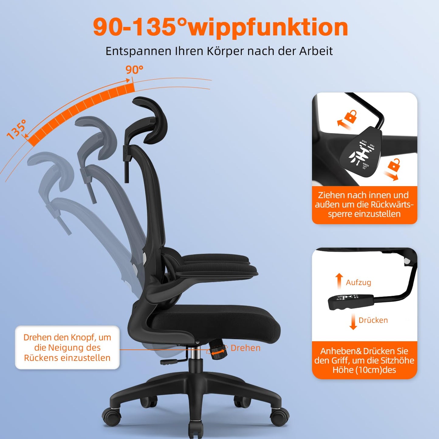 Aiidoits office chair, Ergonomic Office Chair with Adjustable Headrest, Lumbar Support, and Folding Armrests, Executive Chair 150kg, Ergonomic Chair Rocking function up to 135°.