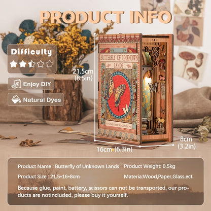CUTEBEE DIY Book Nook Kit - DIY dollhouse miniature house kit with furniture and LED light, 3D wooden puzzle bookends, model kits for adults to build (Butterfly of Unknown Lands)