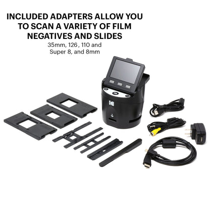 KODAK Digital Film Scanner converts negatives and film slides in 35mm, 126, 110, Super 8, and 8mm to JPEG. Features large tiltable 3.5-inch LCD display and EasyLoad films. RODFS35 Black.