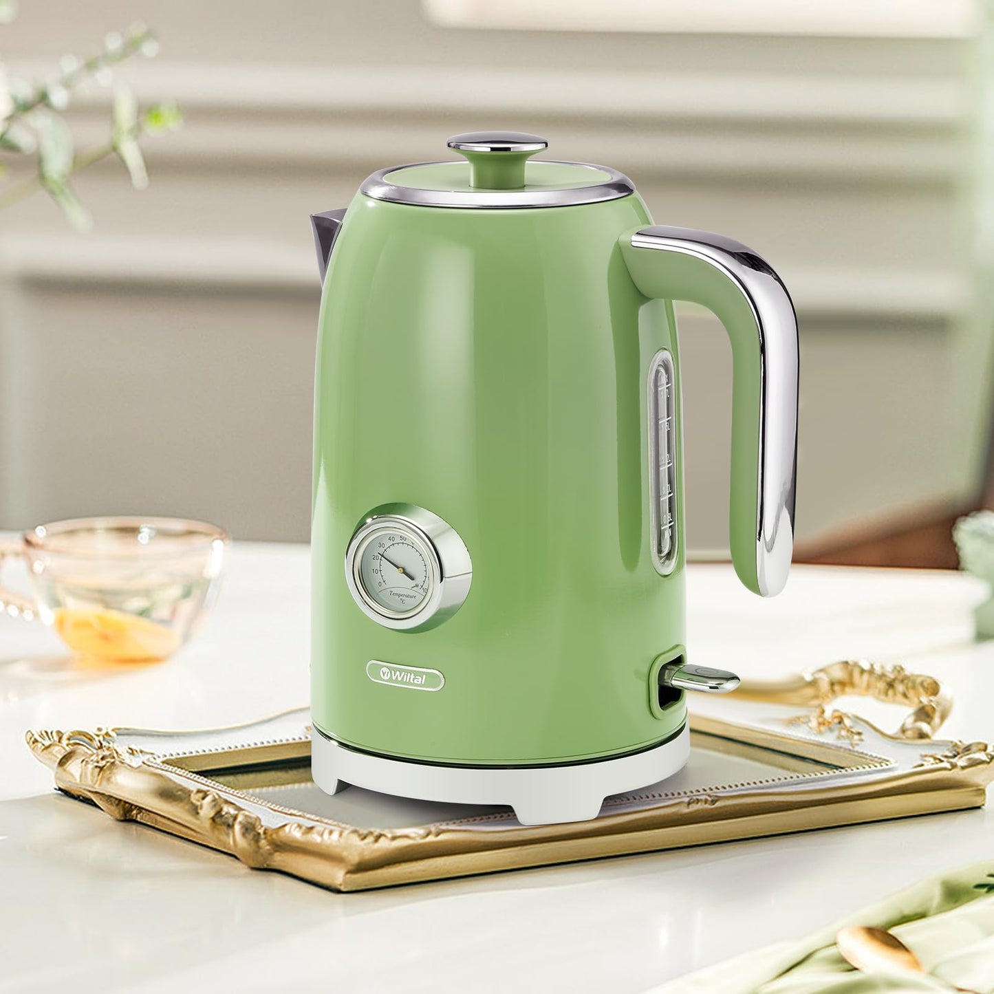Wiltal kettle [1.7L, 2200W], retro green, stainless steel, toaster kettle set Retro (water temperature display in retro design, external water level indicator) Vintage tea maker...
