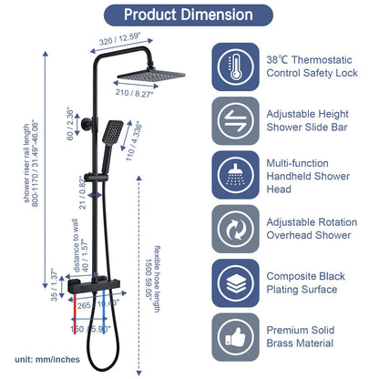 Solepearl Black Shower System with Thermostat 38℃, Rain Shower with Thermostat Shower Mixer, Shower Set including 21 cm Head Shower, 3 Functions Hand Shower, Stainless Steel Adjustable Shower Bar