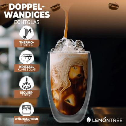 Lemontree 4-piece set of large Latte Macchiato glasses 450ml - double-walled glasses, design coffee cups, tea glasses heat-resistant, cappuccino cups made of borosilicate glass.
