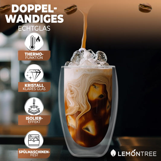 Lemontree 4-piece set of large Latte Macchiato glasses 450ml - double-walled glasses, design coffee cups, tea glasses heat-resistant, cappuccino cups made of borosilicate glass.