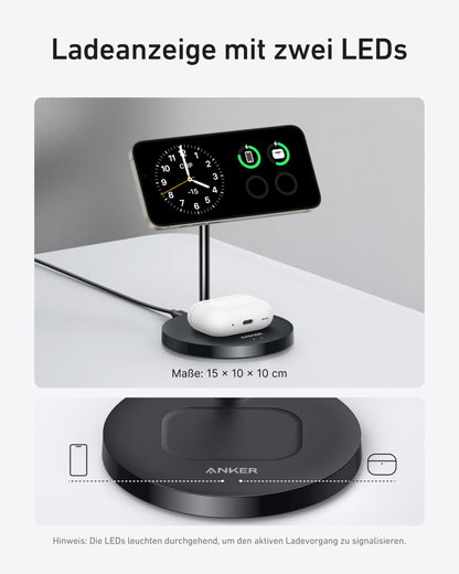 Anchor MagGo 15W Magsafe charger compatible, 2-in-1 inductive charging station, Qi2 wireless charger for iPhone 16/15/14/13/12, AirPods Pro, with 1.5m USB C cable, without power adapter.