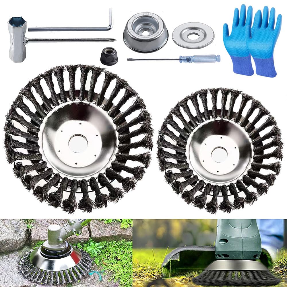 2 pieces Weed Brush for Lawn Trimmer, Professional Weed Brush for Brush Cutter with 25.4mm Mounting Hole, Weed Brush for String Trimmer, Wire Brush for Brush Cutter Including Installation Accessories.