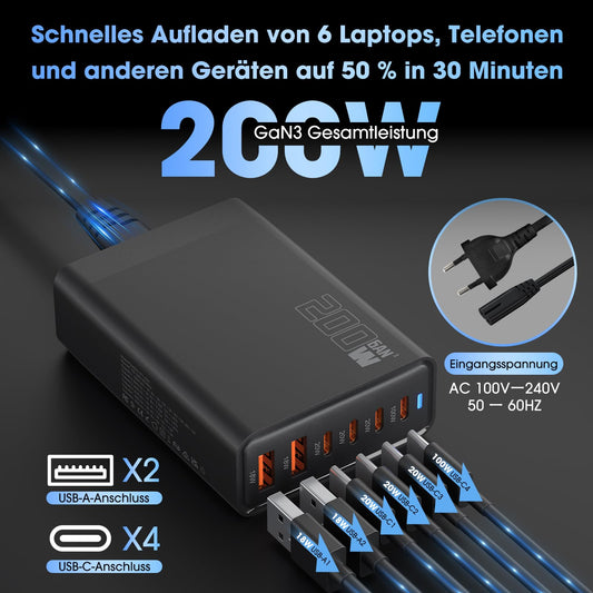 200W USB C charger, PD 100W fast charger 6 port charging station GaN-III Charger, power adapters compatible with MacBook Pro/Air, Dell XPS, iPhone 15/16/14/Pro, Samsung, Xiaomi, iPads, Steam Deck