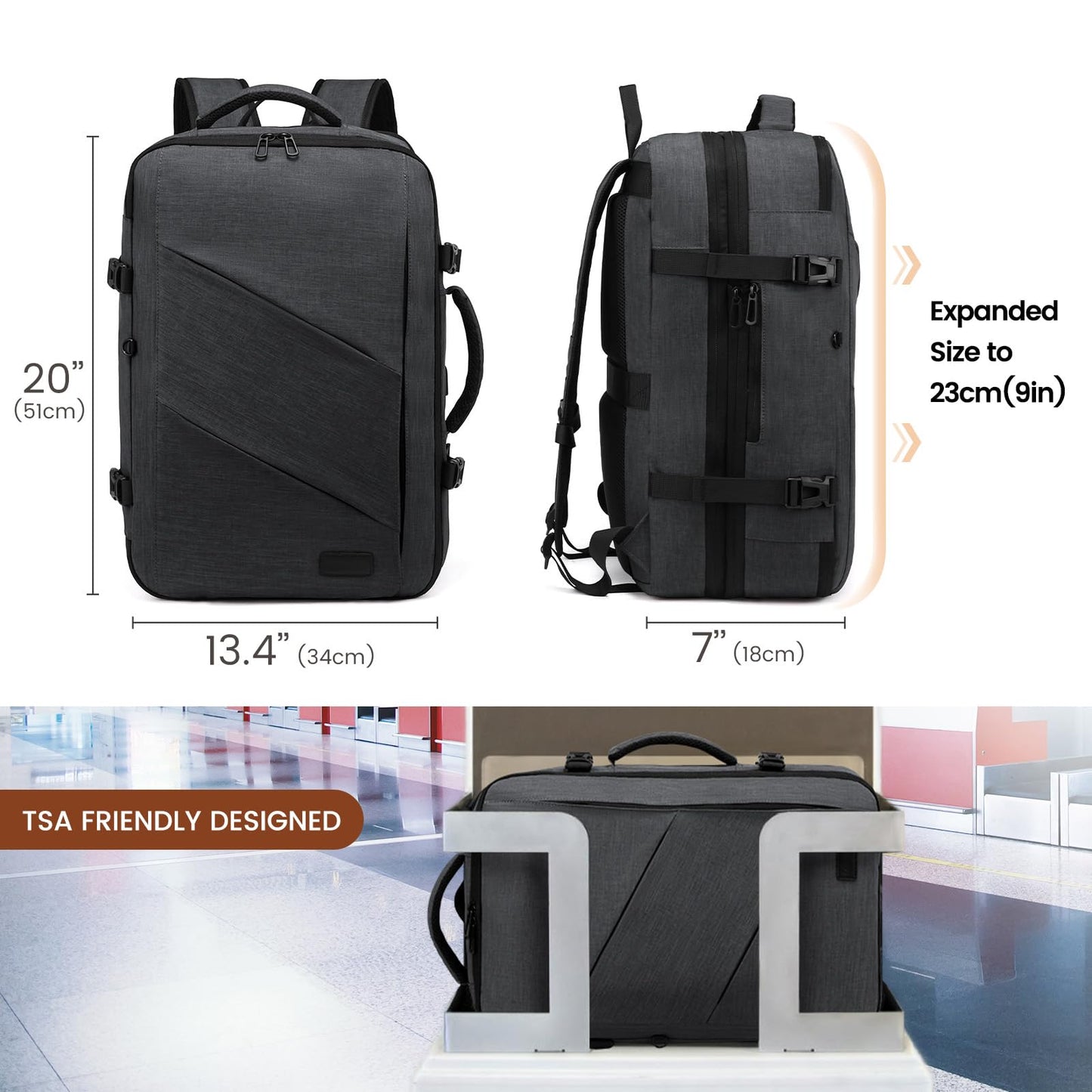 LOVEVOOK Travel Backpack for Airplane, Laptop Backpack for 17.3 inch, Expandable Carry-On Backpack for Men Women, Large 30L-40L Business Travel Backpack for Weekender, Gray