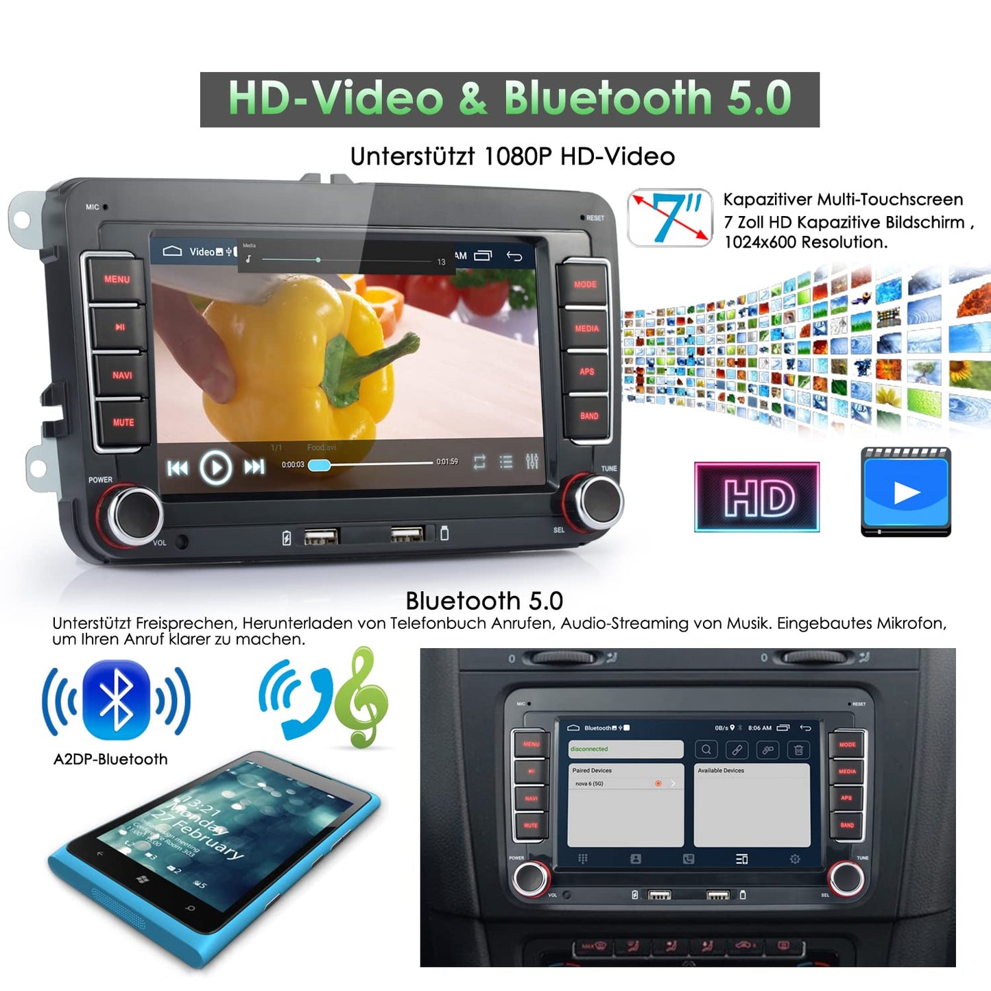iFreGo 7 inch Android car stereo with built-in DAB+ and Carplay, 2 Din Car Radio for VW Golf, Skoda, Seat. Features Bluetooth, FM Radio, USB, reverse camera, WiFi, steering wheel control, and 7-color lighting.