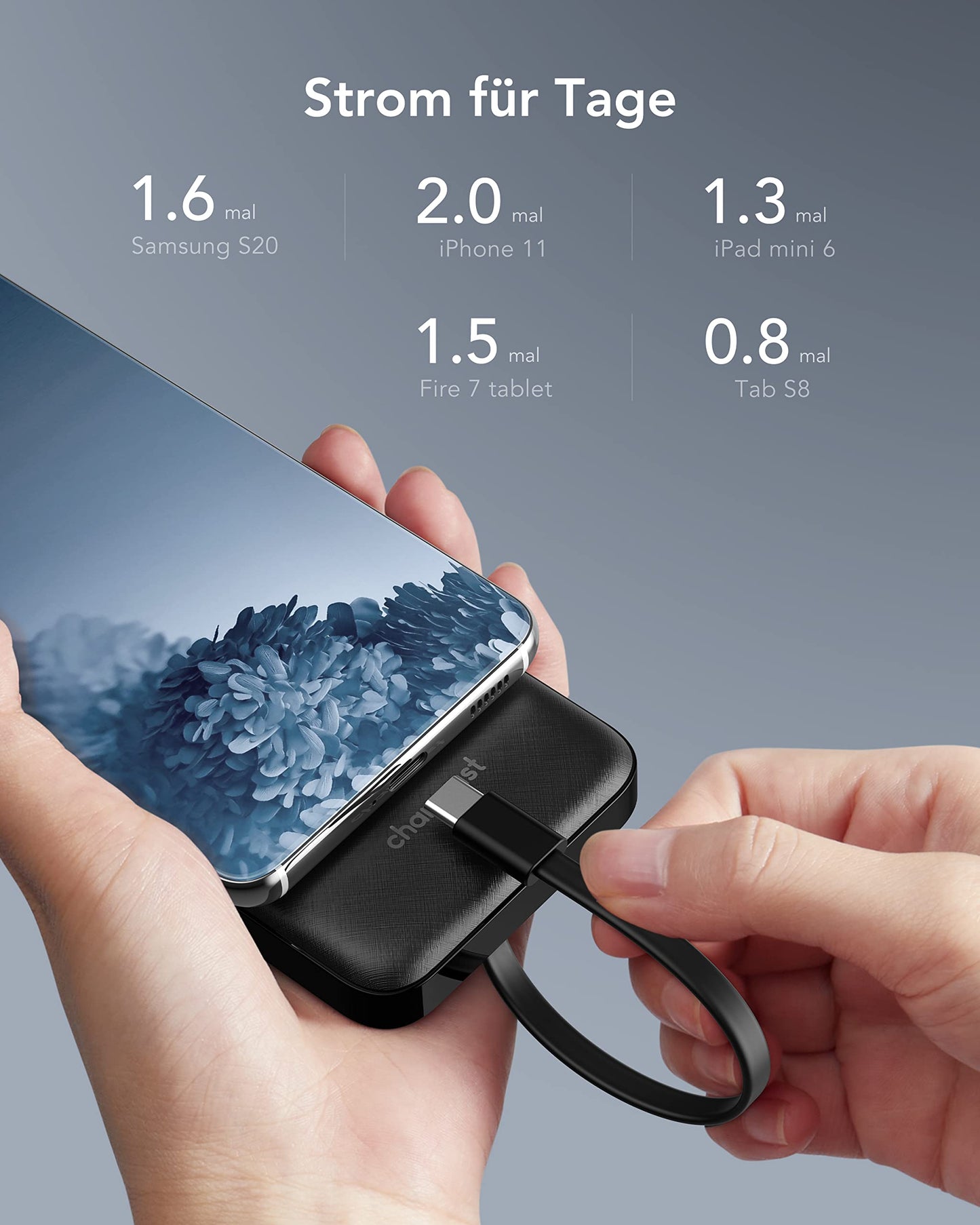 Charmast Powerbank 10000mAh External Battery USB C Power Bank with 4 Built-in Charging Cables Portable Charger LED Display Compact Slim 6 Outputs Compatible with iPhone, Huawei, Samsung Tablet