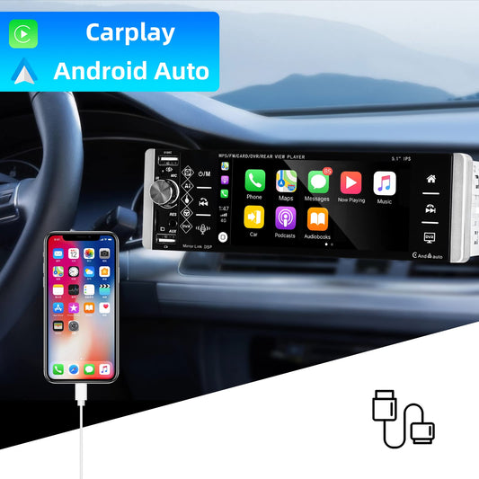 Podofo car stereo 1Din Carplay Android Auto Bluetooth Radio with 5.1'' IPS screen 2 USB/microphone/AUX/FM steering wheel control Mirror Link with rear view camera