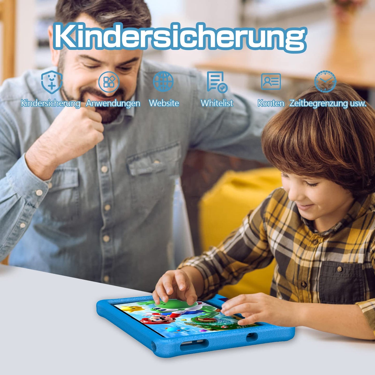 VASOUN Android 12 tablet for kids, 10-inch IPS HD big screen, 3GB+64GB, pre-installed kids software IWAWa, control learning game education apps, with kid-proof case (Blue)