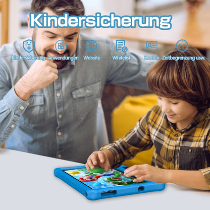 VASOUN Android 12 tablet for kids, 10-inch IPS HD big screen, 3GB+64GB, pre-installed kids software IWAWa, control learning game education apps, with kid-proof case (Blue)