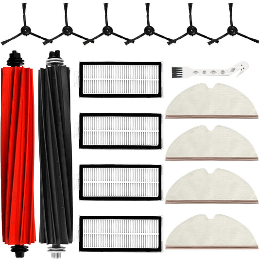 17 pieces of accessories for Roborock Q8 Max+ / Q8 Max / Q5 Pro+ / Q5 Pro robot vacuum, including 2 main brushes, 4 filters, 4 mop cloths, 1 cleaning brush, and 6 side brushes (Black).