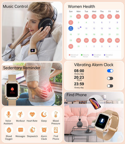 Erkwei smartwatch for women with phone function and voice assistant, 1.59'' HD display fitness tracker heart rate monitor sleep monitor message reminder small watch for iOS Android.