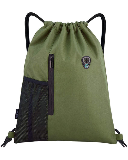 LIVACASA Drawstring Backpack with Zipper Inner Pocket, Hipster Gym Bag, Padded Backpack with Adjustable Drawstring, for Men and Women, Army Green.