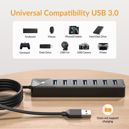 GiGimundo PG7U USB Hub 3.0, 7-Port USB Splitter, 1m Cable with 5V/3A Power Input, Multi USB Adapter for PC Laptop, older MacBook, PS4, PS5, Flash Drive, Keyboard, Mouse GGM-PG7U-U3-10-BK-EU