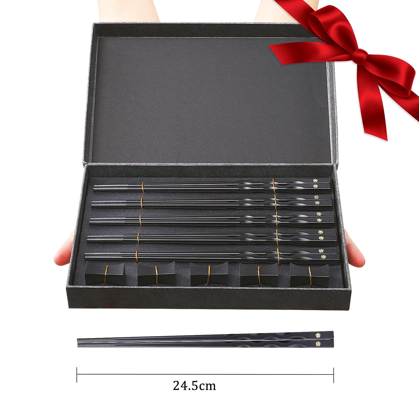 Youda Chopsticks Reusable Chinese Japanese Alloy Chopsticks with Holder, Dishwasher Safe, Premium Quality Chopsticks Gift Set (5 Pairs)